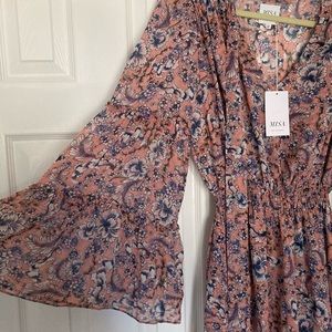 MISA Coral Floral Bell Sleeve Midi Dress